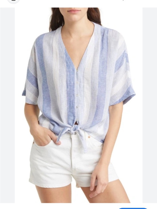 Rails Tops - Rails Thea Tie Front Top SZ XS Blue/White Linen Blend Preppy Coastal Vacay